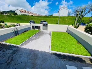 a yard with green grass and a driveway at Casa Basáltico in Horta