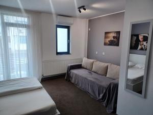 a living room with a couch and a bed at Aparthotel Oltului in Galaţi