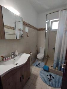a bathroom with a sink and a shower and a toilet at ILIOPOULOS Apartments in Mourteri +103 photos