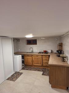 a kitchen with wooden cabinets and a white refrigerator at Le GIGI in Antony