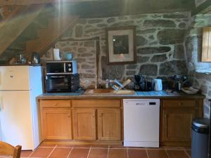 a kitchen with a counter with a microwave and a refrigerator at La maison de Jeanne La Monédière in Chaumeil