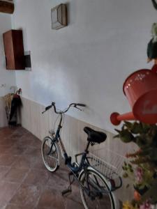 a bike parked in a room next to a wall at Affittacamere Caliani in Buonconvento +20 photos