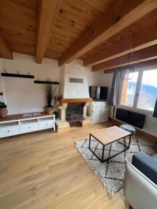a living room with a couch and a fireplace at Appart Duplex Chalet plein Sud in Feissons-sur-Salins