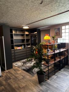 a room with a table with a lamp and a plant at Minimalist luxury room in Zgornje Hoče