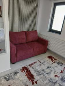 a red couch in a living room with a window at Aparthotel Oltului in Galaţi