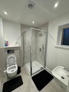 a bathroom with a shower and a toilet and a sink at Tranquil 3BD in Watford in Watford