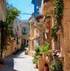 a painting of a street with flowers in an alley at Dar Divinus - Eat, Wine, Sleep in Rabat