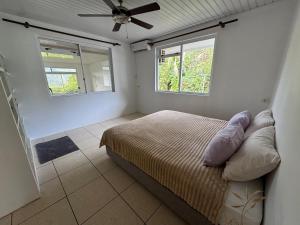 a bedroom with a bed and two windows at Grand Panorama Villa in Tahaa