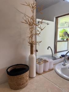 a white vase sitting on a counter next to a sink at Grand Panorama Villa in Tahaa