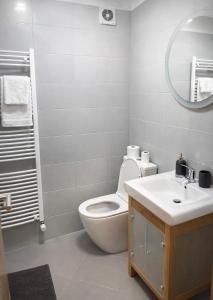 a bathroom with a toilet and a sink and a mirror at Nido in the center in Poprad