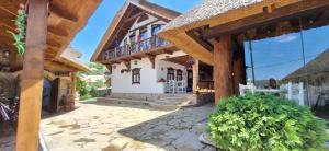 a house with a thatched roof at Pensiunea Casa Sobarului in Molovata