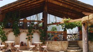 a patio with tables and chairs in front of a building at Pensiunea Casa Sobarului in Molovata
