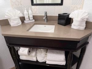 a bathroom vanity with a sink and towels at Wingate by Wyndham Jacksonville FL in Jacksonville +69 photos
