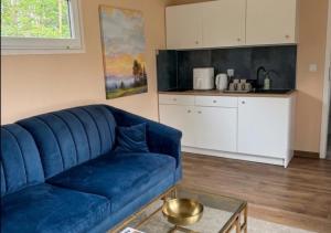 a blue couch in a living room with a kitchen at Domki La Bella 3 in Aleksandria +9 photos