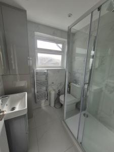 a bathroom with a shower and a sink and a toilet at One bed flat in UB5 in Northolt