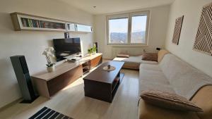 a living room with a couch and a tv at Apartmán Orchidea in Prešov