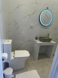 a bathroom with a toilet and a sink and a mirror at Eleni`s apartment Gialova, Giorgos House in Gialova