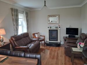 a living room with leather furniture and a fireplace at Warm Spacious Three Bed Chalet in Galway