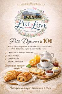 a poster of a breakfast of bread and coffee at Suite La Clé de la Liberté Maison Like and Love 25m2 avec coin salon in Duclair +6 photos