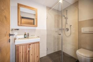 a bathroom with a shower and a sink and a toilet at Haus Barbara in Alpbach