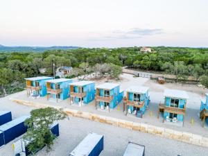 an overhead view of a group of blue homes at The Container Retreat - 1A.. in Canyon Lake