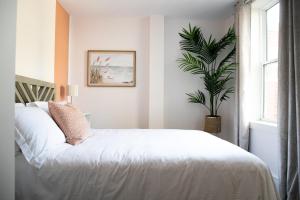 a bedroom with a white bed and a plant at Halifax's Most Popular Historic Modern Space in Halifax