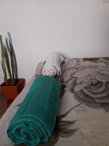 a green blanket sitting on top of a bed at Lo del Tata in Villa Unión