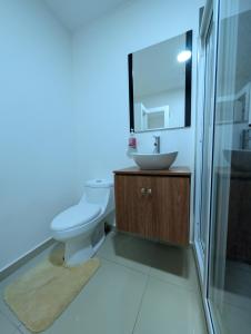 a bathroom with a toilet and a sink and a mirror at Hotel & Plaza San Blas in Comayagua +3 photos