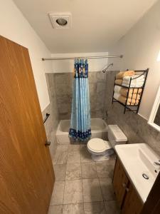 a bathroom with a toilet and a shower curtain at Safehaven in Avon Park +6 photos