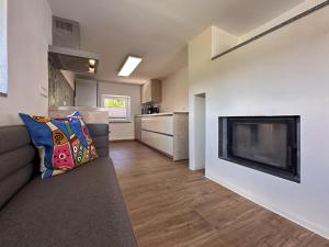 a living room with a couch and a fireplace at Zum wilden Jakob in Stadlern