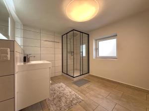 a bathroom with a shower and a sink and a window at Zum wilden Jakob in Stadlern +26 photos