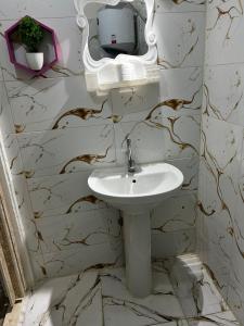 a bathroom with a sink and a mirror at tulip pyramids iin in Nazlet el-Sîsi