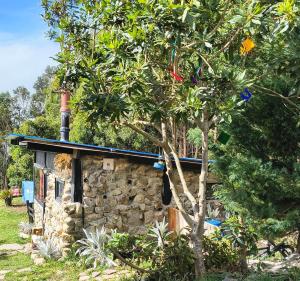 a stone house with a chimney next to a tree at Chalet Stonehenge in Pasto