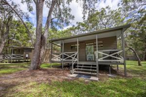 a cabin in the woods with trees at Agnes Bush Cabins in Agnes Water