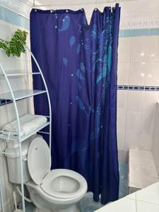 a blue shower curtain in a bathroom with a toilet at Hotel Restaurant Wuarao - Antiguo Club Rolling Stones in Boca Chica +33 photos