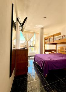 a bedroom with a purple bed and a window at Casa Norte North Beach in Los Órganos