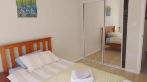 a small room with a bed and a glass closet at The Piddington Top in Mount Victoria