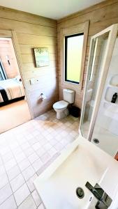 a bathroom with a toilet and a sink and a shower at Absolute Tranquility - surrounded by native bush in Kaiuma