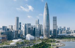a view of a city skyline with tall buildings at Andaz Shenzhen Bay in Shenzhen