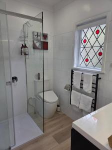 a bathroom with a toilet and a glass shower at Villa One on Fitzherbert in Palmerston North +16 photos