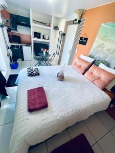 a large bed with two pillows and a cat on it at Domaine Maud-Jardin de Maud ! 100m plage in Saint-Pierre