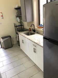 a kitchen with a sink and a refrigerator at Hibiscus House in Bequia