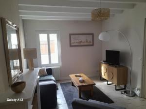 a living room with a couch and a tv at Maison centre ville Bourgueil in Bourgueil