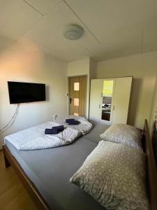 a bedroom with two beds and a flat screen tv at Jarmila in Tachov