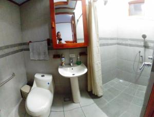 a bathroom with a toilet and a sink and a mirror at Cabaña cerca del TEC in Cartago