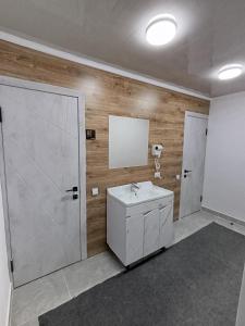 a bathroom with a sink and a mirror at KAPCHYGAI Guest house in Teploklyuchinskoye