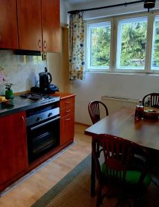 a kitchen with a table and a stove top oven at Planinska kucica Srce in Zlatibor