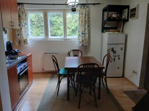a kitchen with a table and chairs and a refrigerator at Planinska kucica Srce in Zlatibor