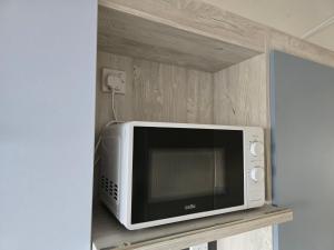 a microwave sitting on a shelf in a kitchen at Palm trees and the sea in Reighton