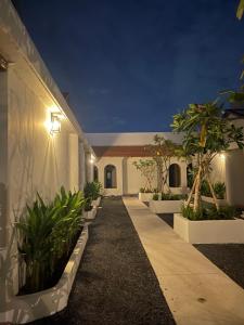 a courtyard with a row of potted plants at night at The Moon Hotel in Chánh Long